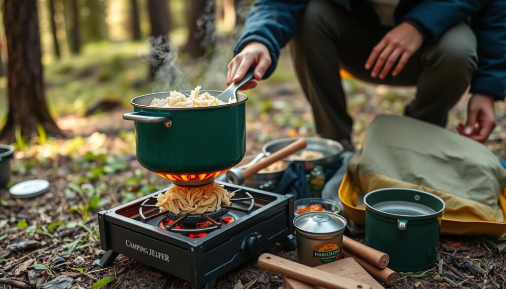 Preparo de refeição em fogareiro de acampamento