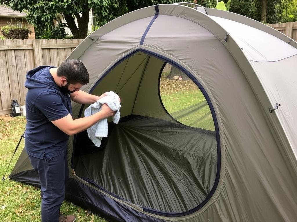 Processo de limpeza e secagem de uma barraca Quechua após o uso
