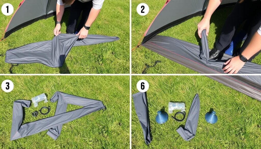 Processo de montagem da barraca Falcon 3 mostrando as etapas principais