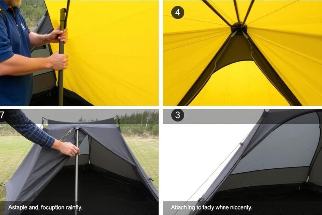 Processo de montagem de uma barraca Guepardo mostrando a sequência de passos