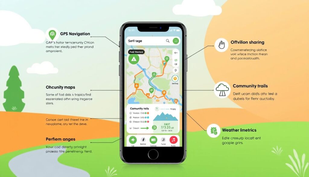 Recursos essenciais de um aplicativo de trilhas destacados em uma interface