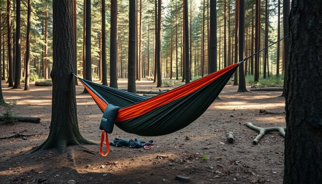 Rede de descanso leve instalada entre árvores em área de trilha