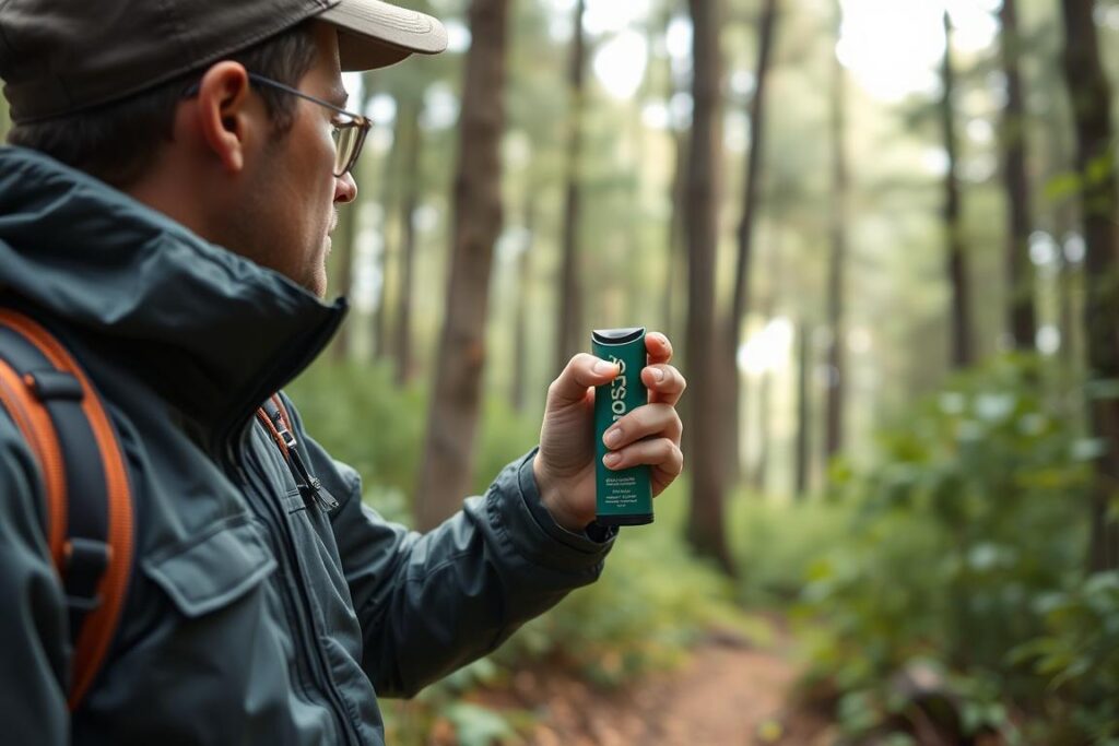 Repelente Exposis com Icaridina sendo aplicado durante trilha em área florestal
