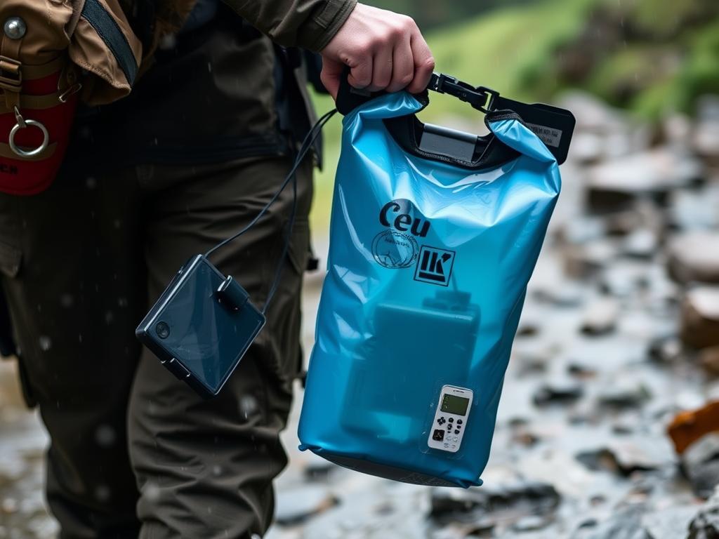 Saco estanque protegendo equipamentos eletrônicos durante uma trilha com chuva