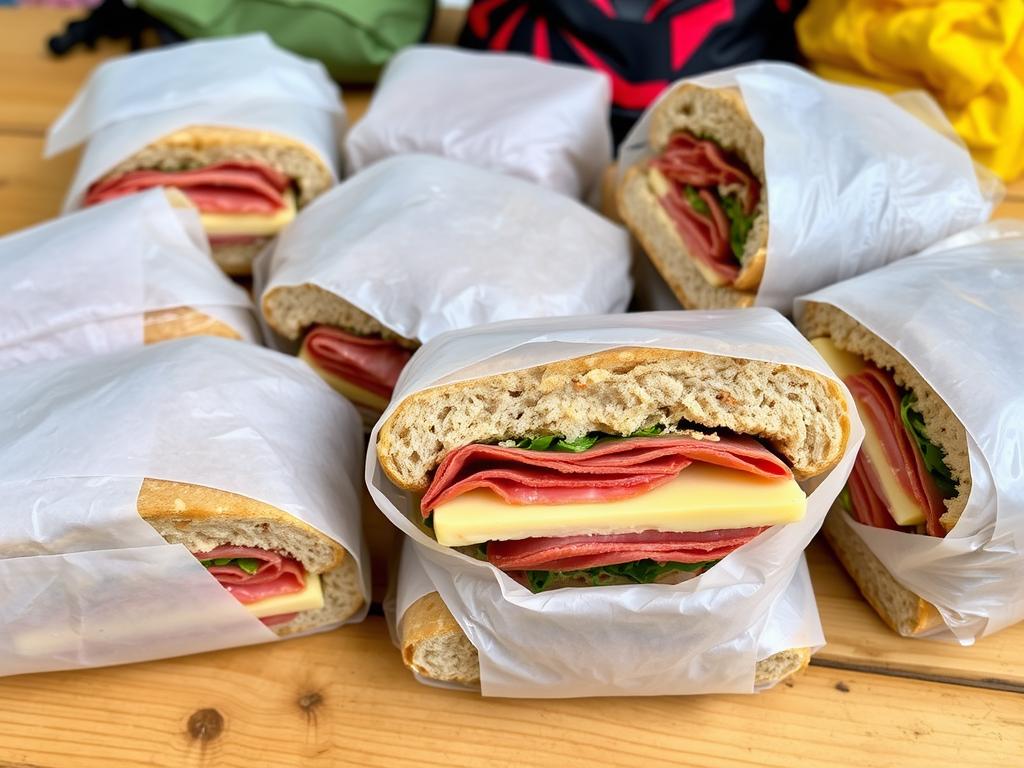 Sanduíches embalados individualmente para acampamento