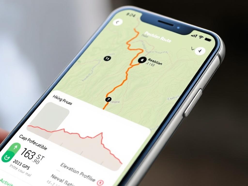 Tela de aplicativo de trilhas mostrando mapa com rota marcada e estatísticas