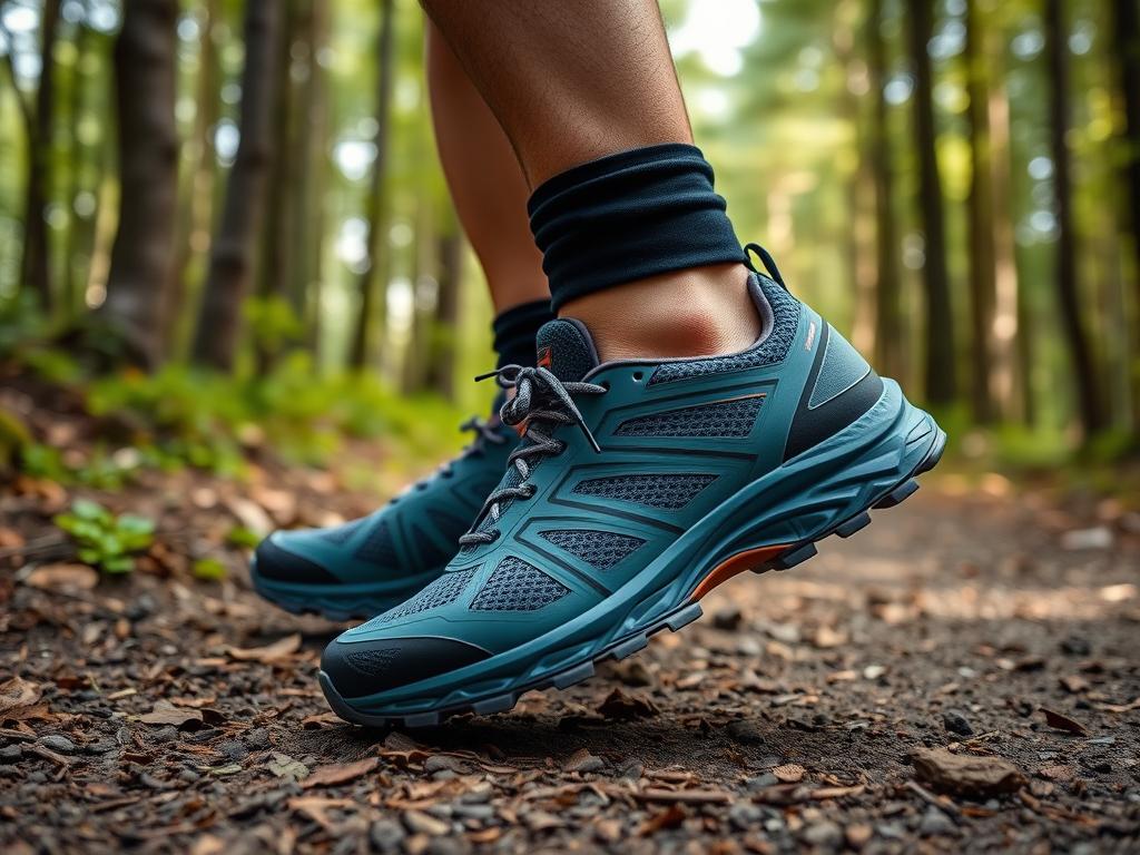 Tênis de trilha leve em uma trilha com terreno misto, mostrando sua versatilidade