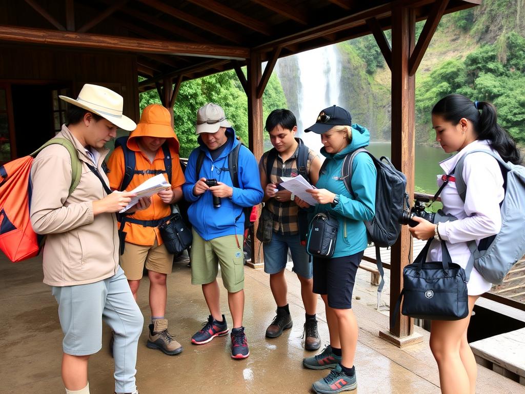 Turistas preparados para visitar a maior cachoeira do mundo com equipamentos adequados