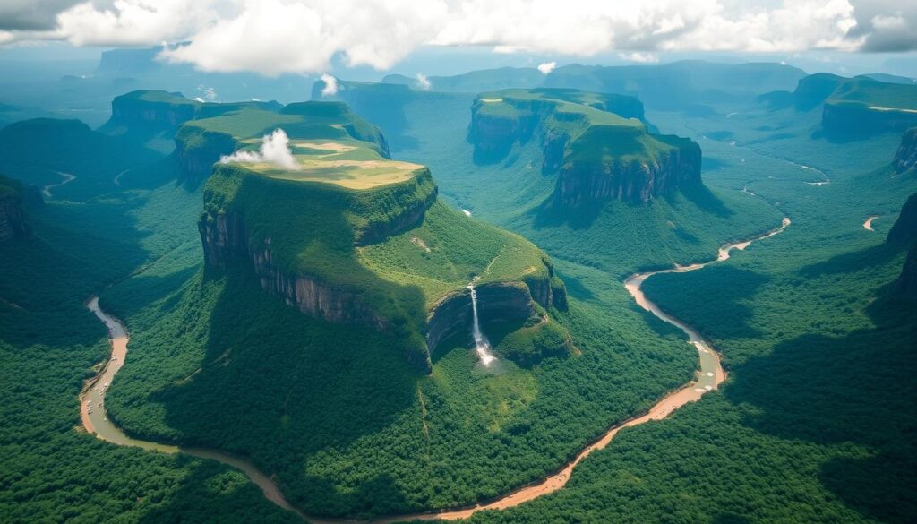 Vista aérea do Parque Nacional Canaima, lar da maior cachoeira do mundo