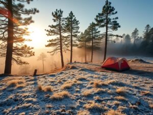 acampar no inverno em Santa Catarina com geada na paisagem