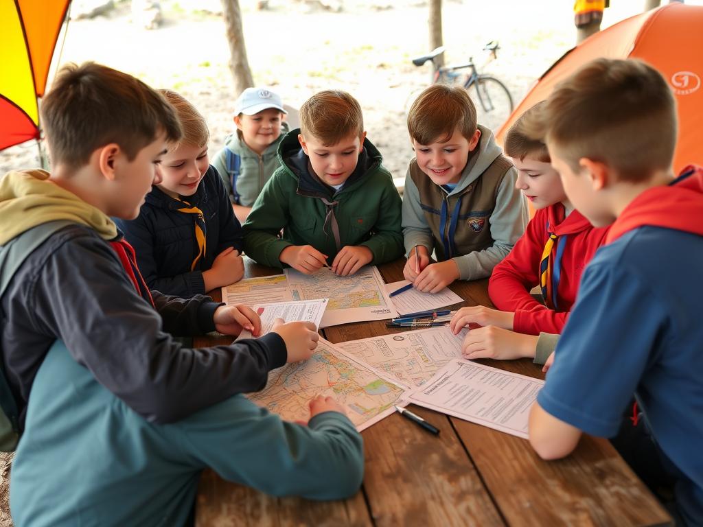 desbravadores planejando acampamento com mapas e listas