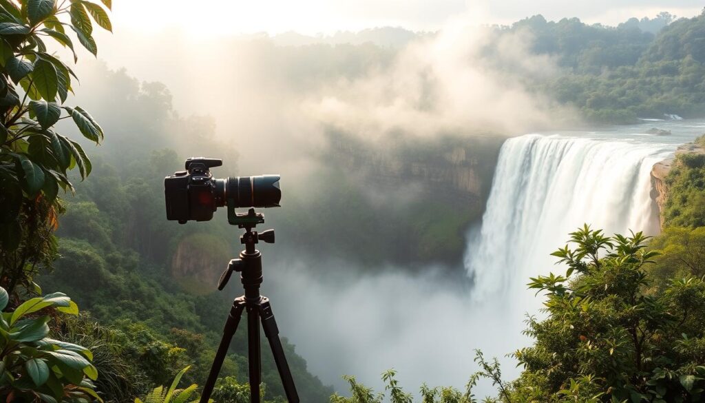 fotógrafo capturando imagens da maior cachoeira da america do sul