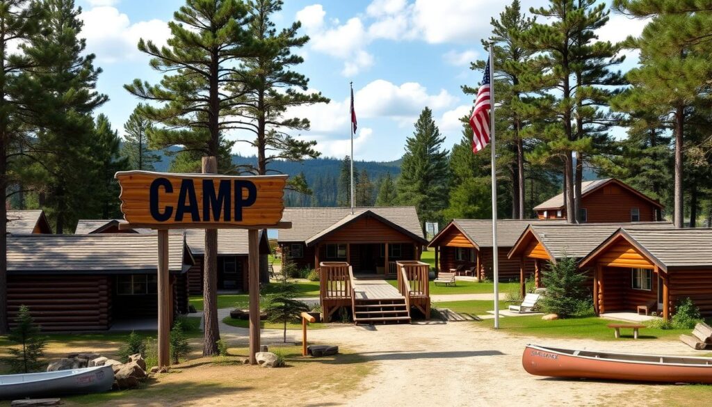 nomes de acampamentos americanos com cabanas de madeira e lago ao fundo