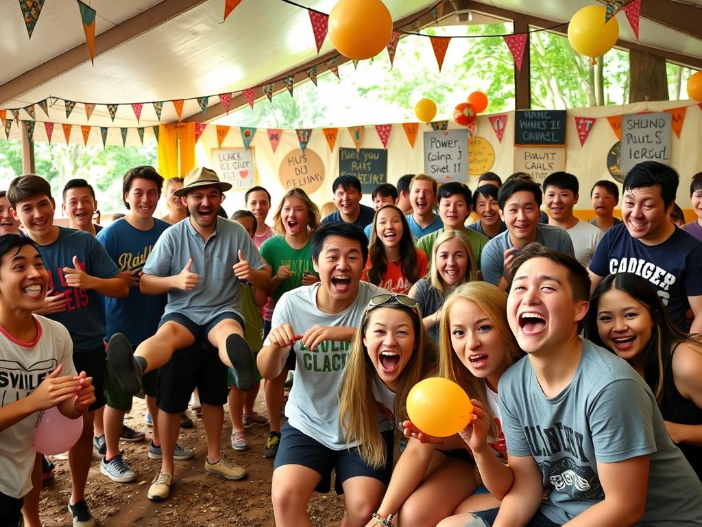 nomes de acampamentos engraçados com grupo rindo e se divertindo em atividades