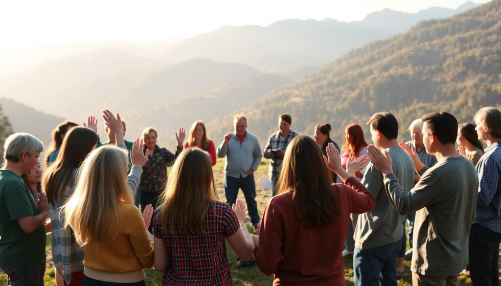 nomes de acampamentos evangélicos com grupo em momento de oração ao ar livre
