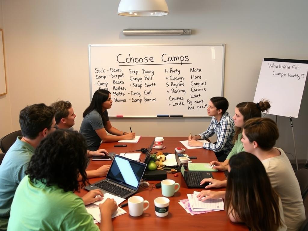 nomes de acampamentos sendo escolhidos em uma reunião de planejamento