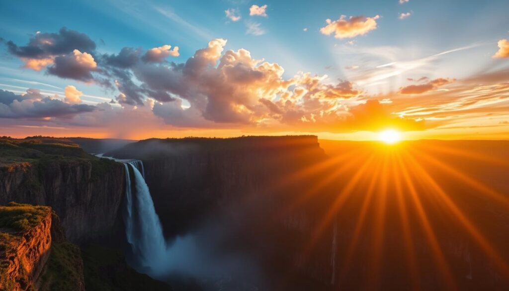pôr do sol na maior cachoeira da america do sul