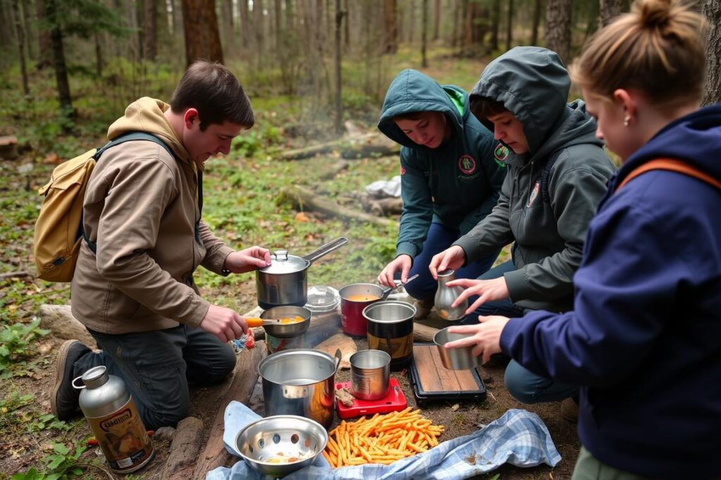 preparo de refeição em acampamento de desbravadores