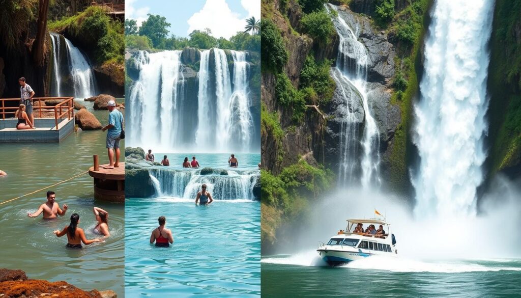 turistas visitando diferentes tipos de quedas d'água