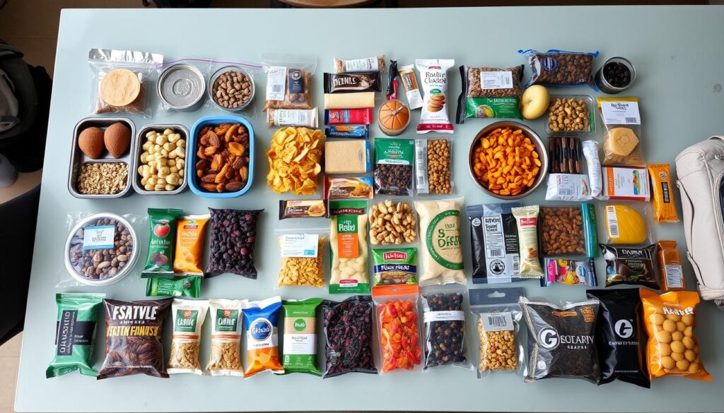 Alimentos organizados e separados por dia para um trekking de 3 dias