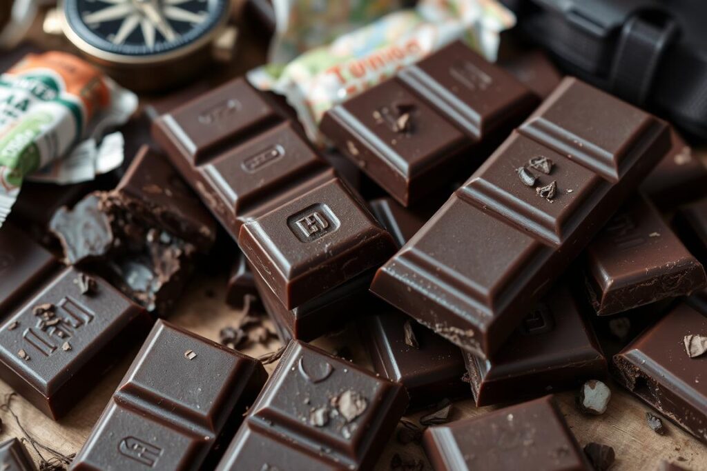 Barras de chocolate meio amargo quebradas em pedaços, prontas para serem levadas como lanches para trilha