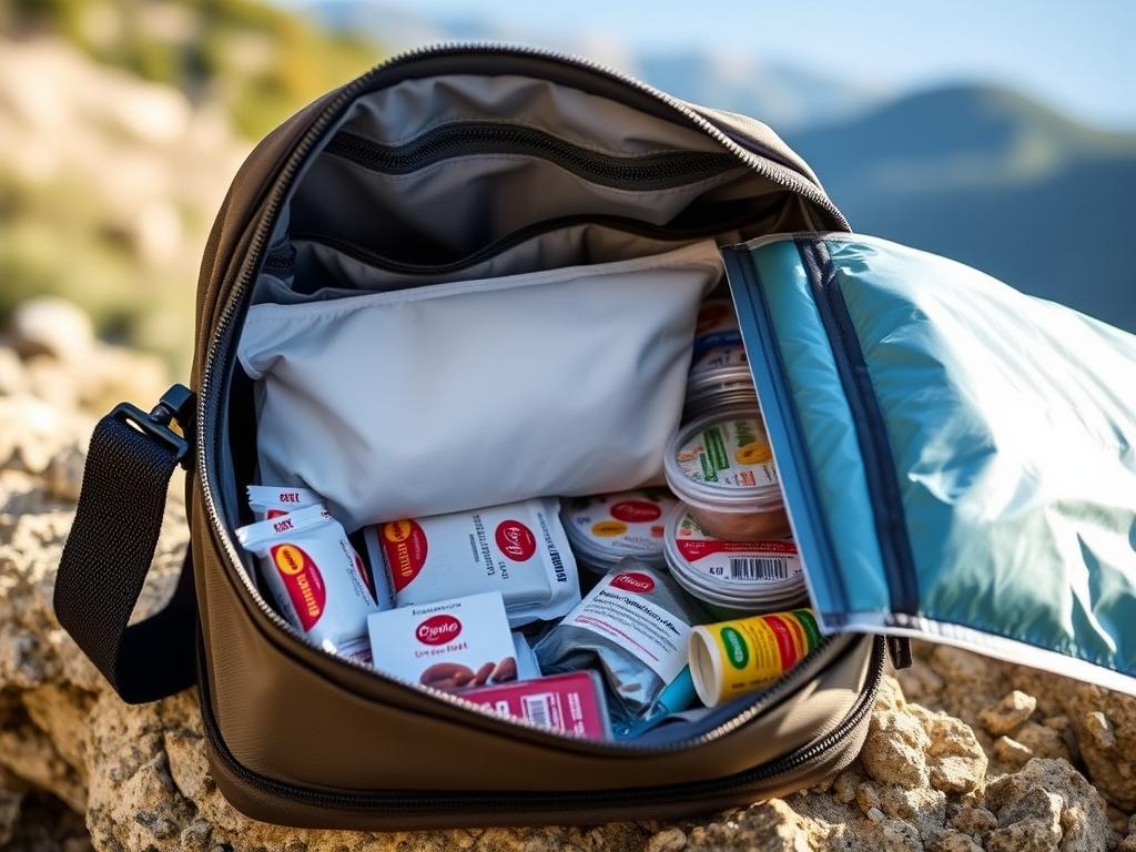 Bolsa térmica pequena com lanches para trilha organizados e placa de gelo