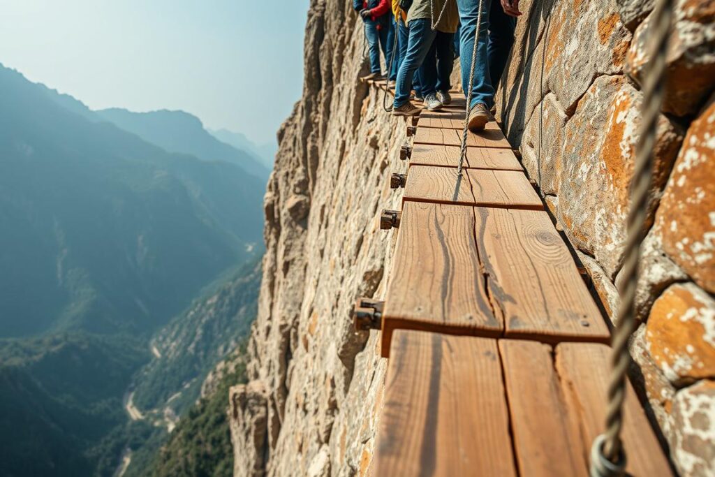 Caminhada na prancha no Monte Hua Shan, trilha mais perigosa do mundo
