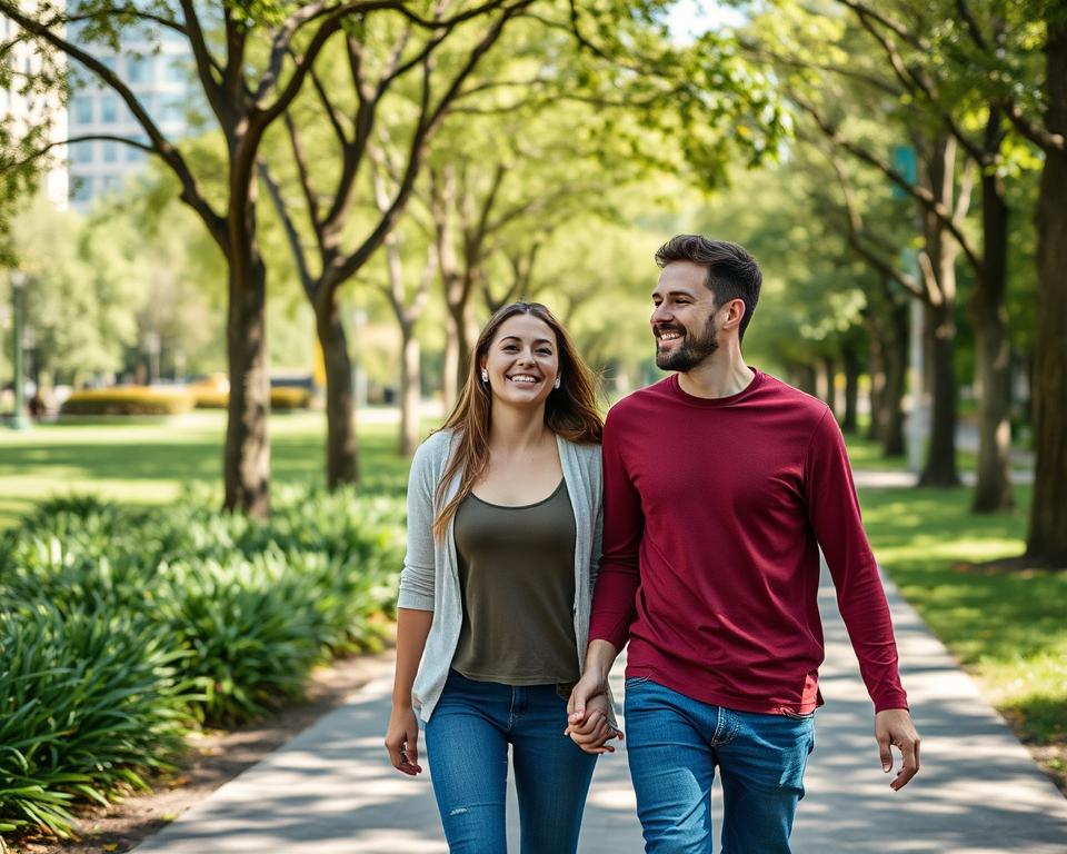 Casal caminhando em parque urbano ouvindo música para trilha a pé