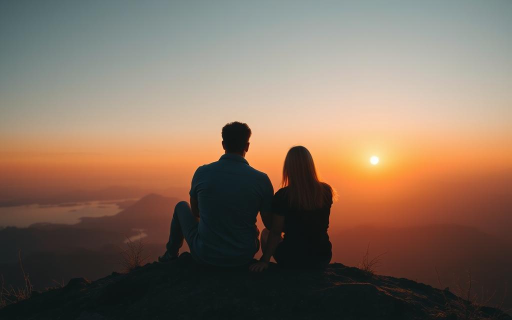Casal contemplando o pôr do sol no topo de uma montanha após uma trilha, representando aventuras compartilhadas