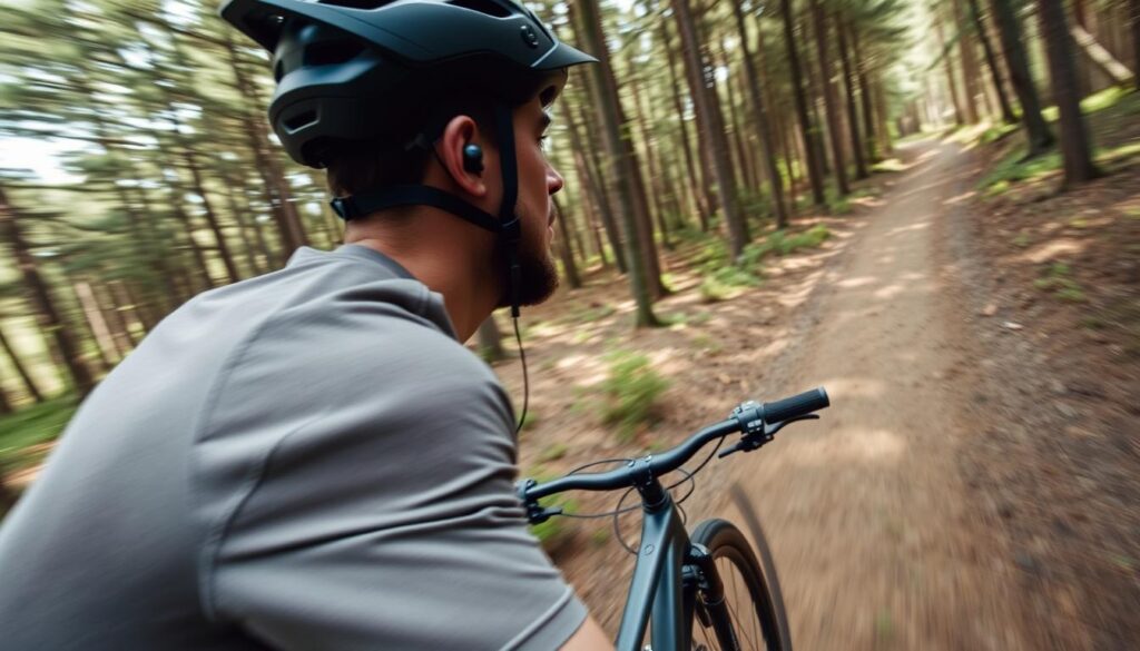 Ciclista em trilha de montanha ouvindo música energética para pedalar