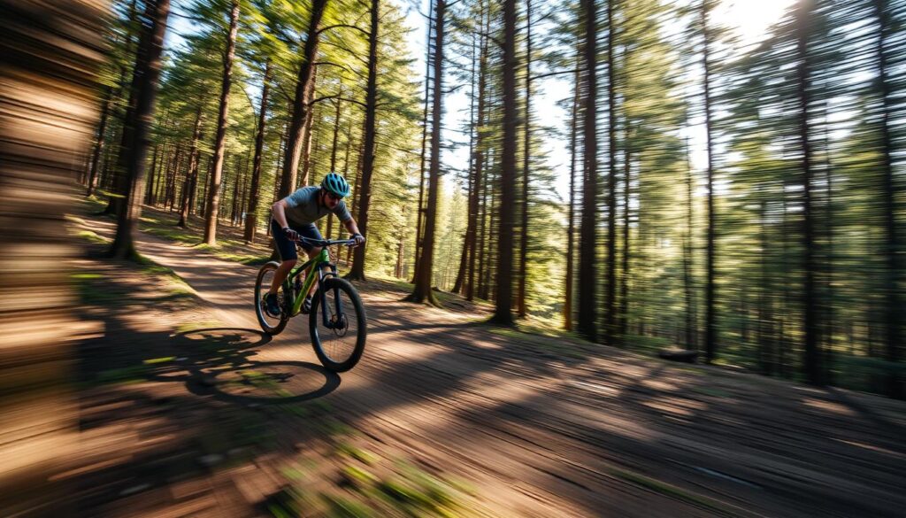 Ciclista em uma trilha de mountain bike em meio à natureza