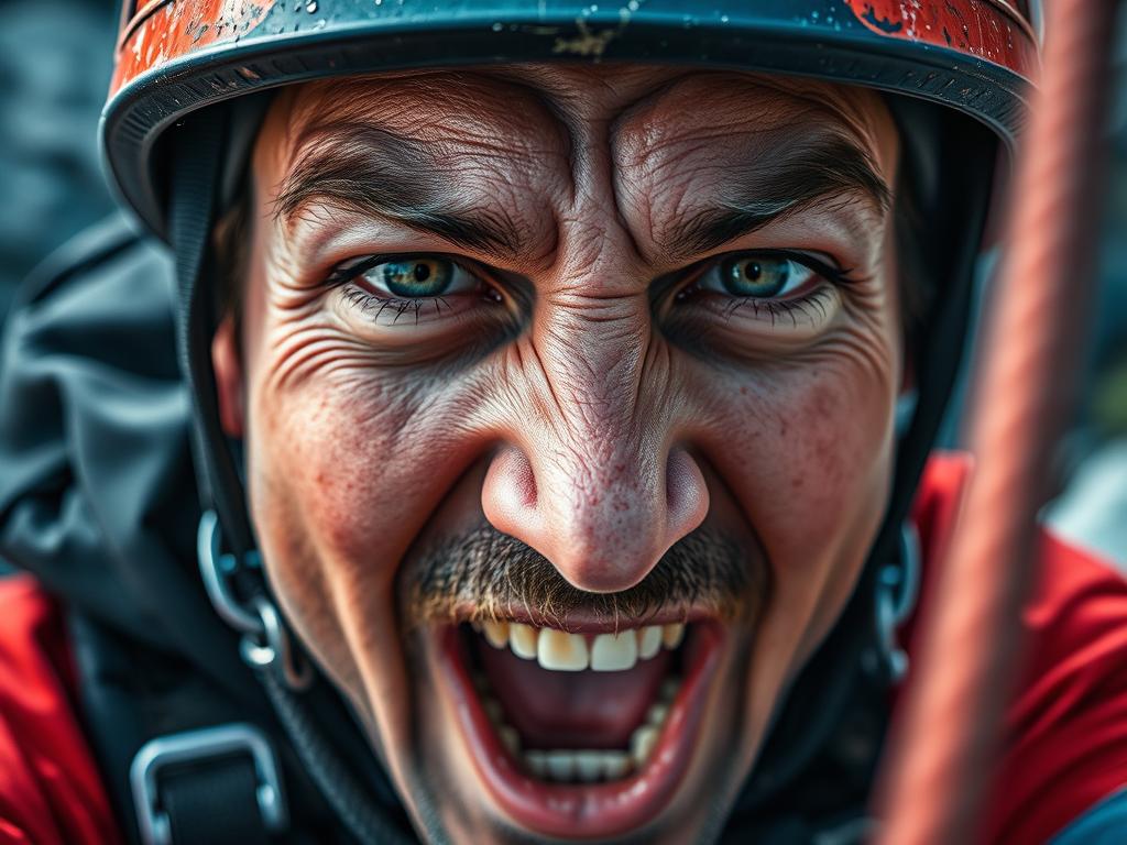 Close-up de um praticante de rapel em momento de alta adrenalina durante uma descida desafiadora