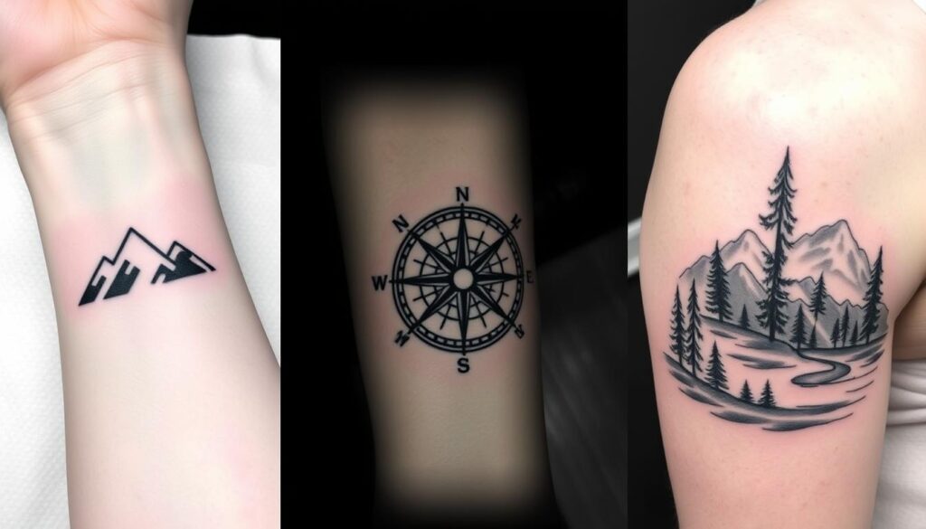 Comparação de tatuagens de trilha a pé em diferentes tamanhos e partes do corpo