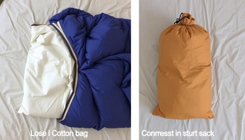 Comparação entre armazenamento correto e incorreto de sacos de dormir