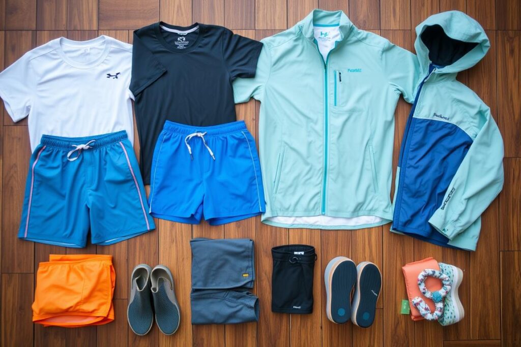 Conjunto de roupas adequadas para levar para cachoeira incluindo roupas de banho e peças de secagem rápida