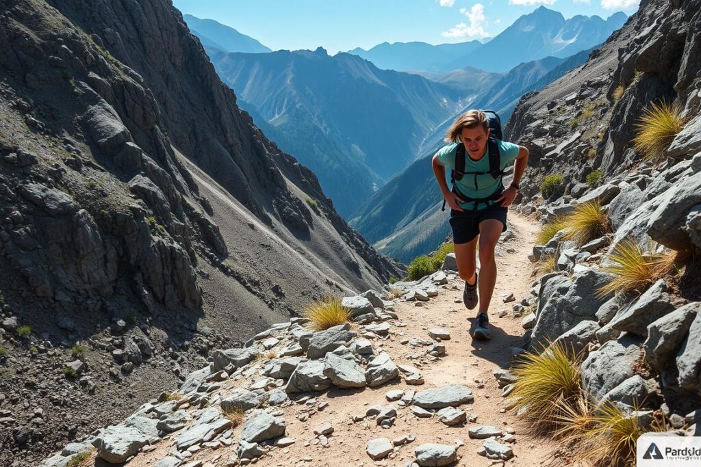 Corredor em ação em trilha técnica de montanha