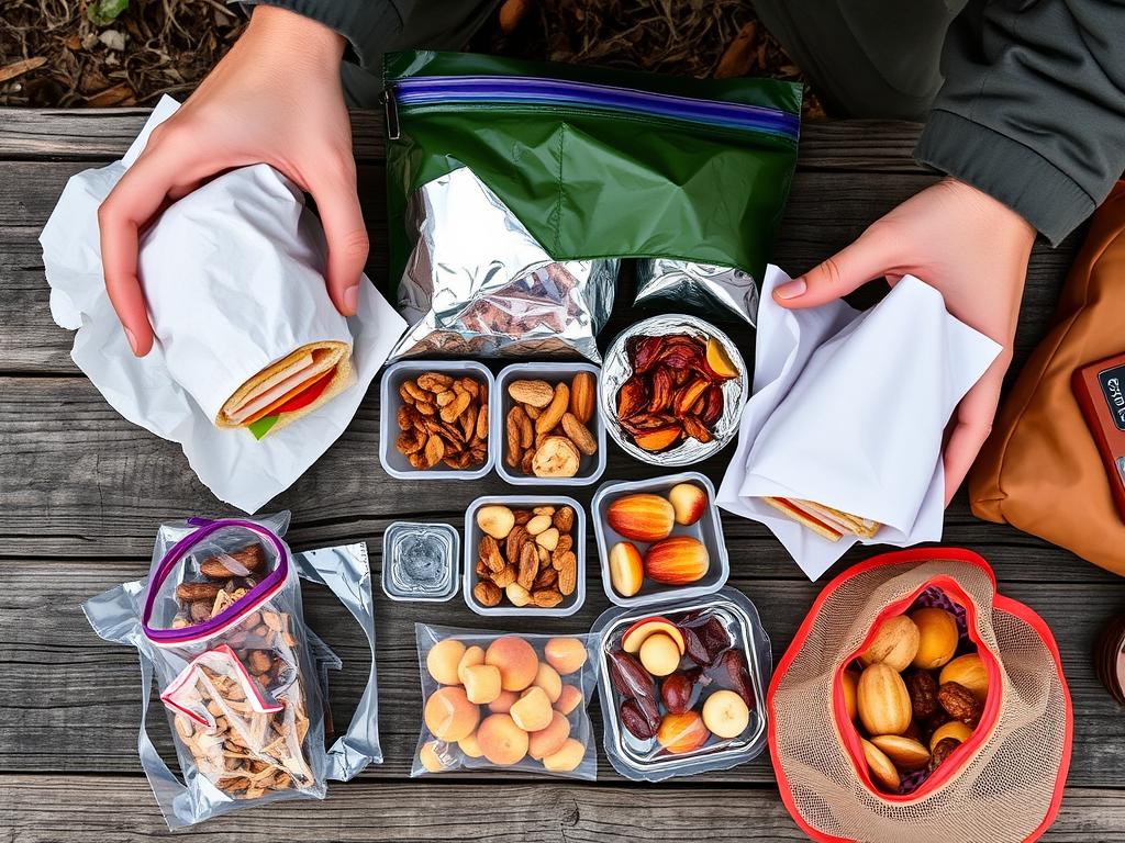 Demonstração de como embalar adequadamente lanches para trilhas e cachoeiras