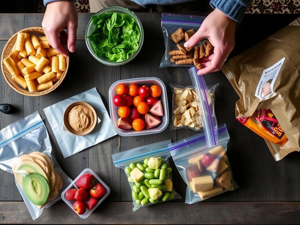 Demonstração de como embalar lanches para uma trilha usando diferentes tipos de embalagens sustentáveis