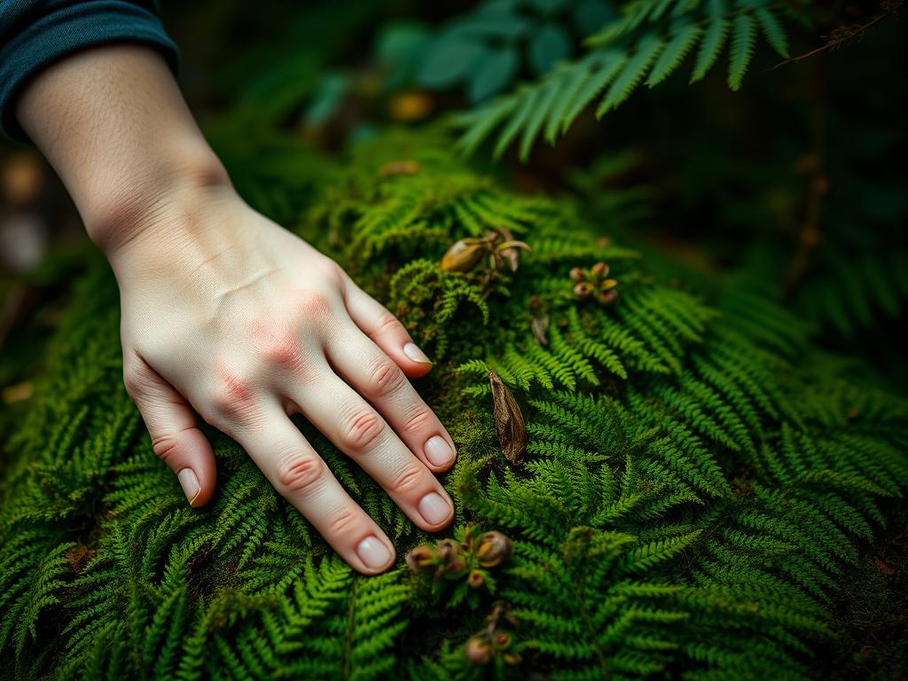 Detalhe de mãos tocando plantas durante banho de floresta