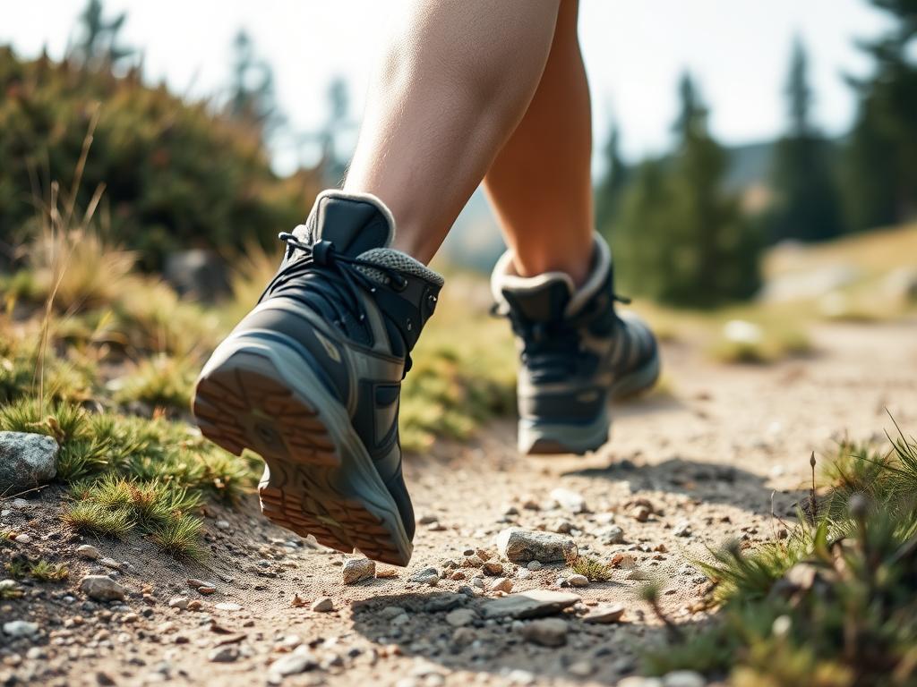Detalhe de pernas e pés caminhando em trilha irregular, mostrando o trabalho muscular durante a atividade