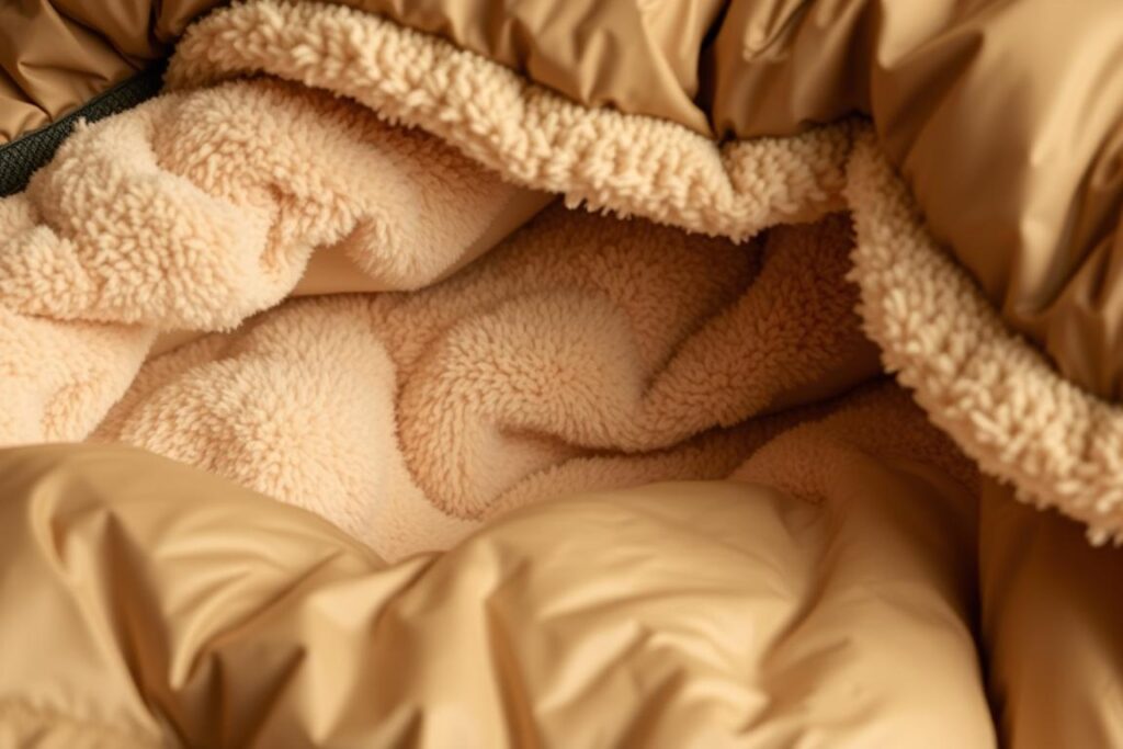 Detalhe do tecido interno macio de um saco de dormir de alta qualidade