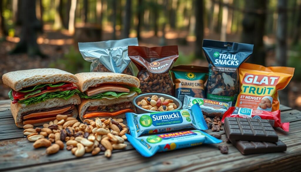 Diversos lanches para trilha dispostos sobre uma mesa de madeira ao ar livre