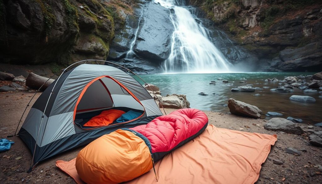 Equipamentos de acampamento montados próximos a uma cachoeira