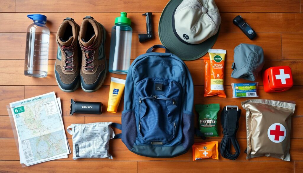 Equipamentos essenciais para caminhada na natureza organizados