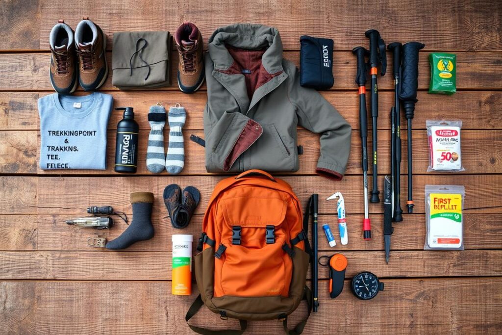 Equipamentos para trilha a pé dispostos em formato de checklist visual