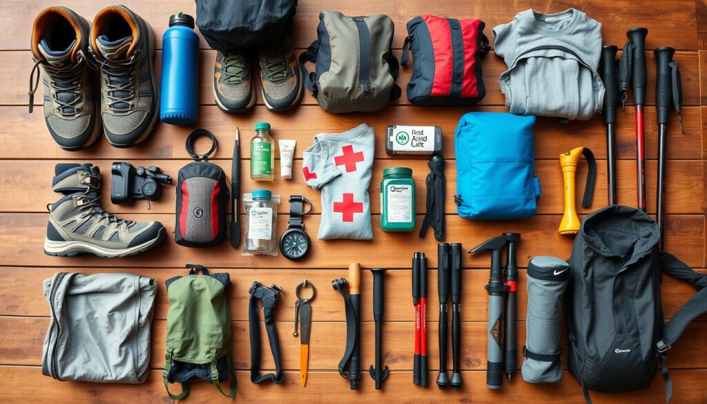 Equipamentos para trilha a pé organizados em superfície plana