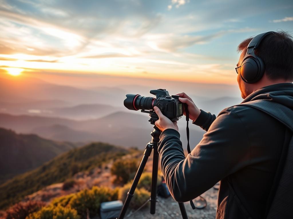 Fotógrafo em trilha capturando paisagem enquanto ouve música inspiradora
