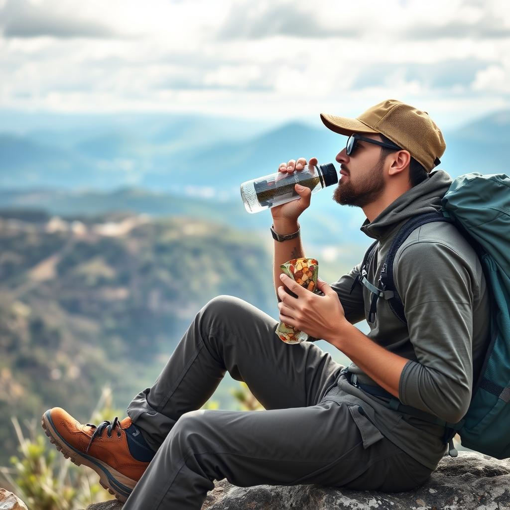Garrafa de água e lanches para caminhada na natureza