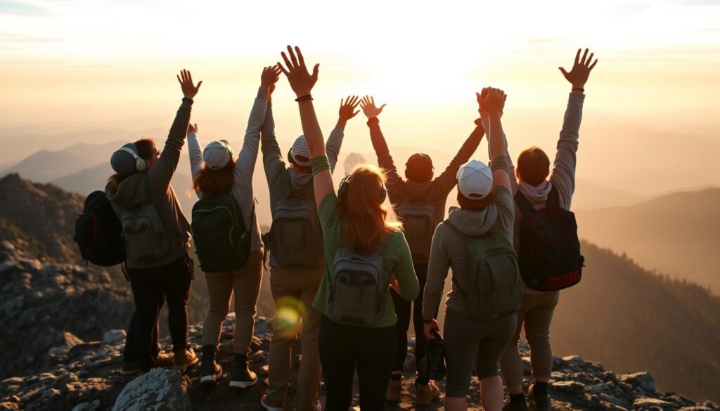 Grupo de amigos celebrando no topo da montanha após trilha com música inspiradora