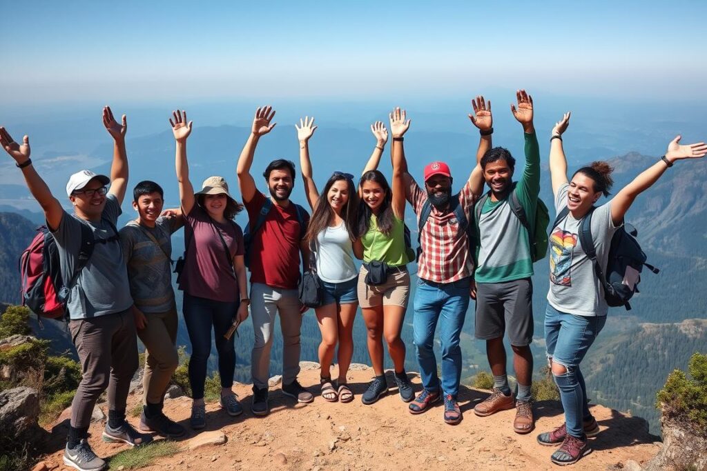 Grupo de amigos celebrando no topo de uma trilha
